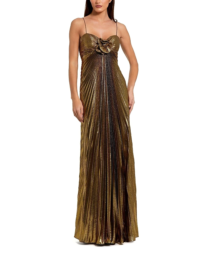 Mac Duggal Thin Strap Pleated Metallic Gown with 3D Flower