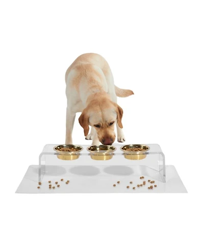 Tall Clear Triple Dog Bowl Feeder with 2 Quart Silver Bowls