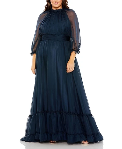 Mac Duggal Plus High Neck Puff Sleeve Tiered A Line Gown