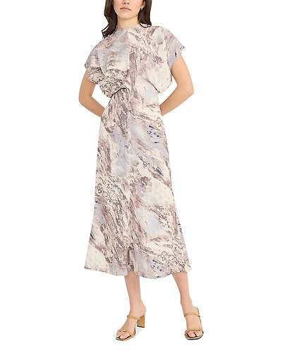 Luxely Printed Short Sleeve Gathered Midi Dress