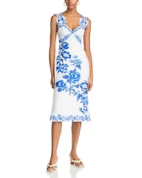 Blue Floral Cascade Wavy Sleeveless Dress