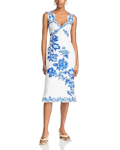 Farm Rio Blue Floral Cascade Wavy Sleeveless Dress