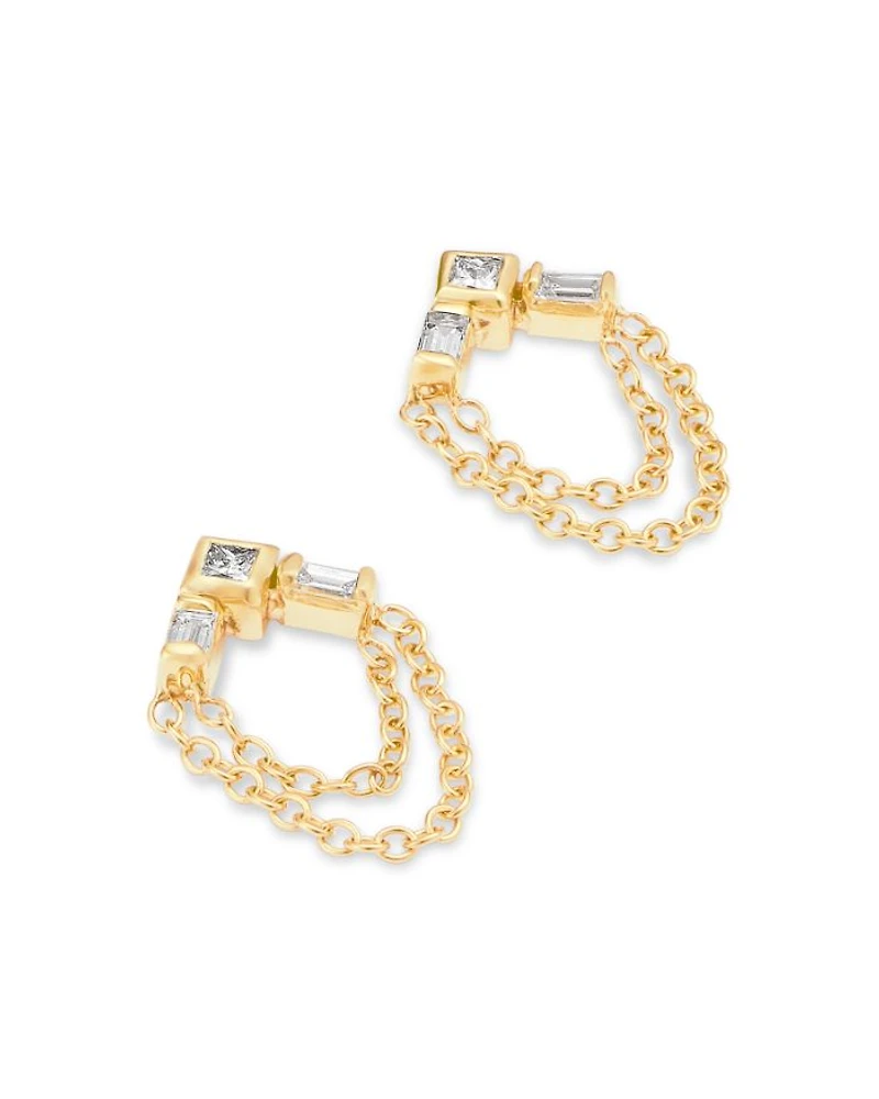 14K Yellow Gold Paris Diamond Princess & Baguette Chain Drop Earrings