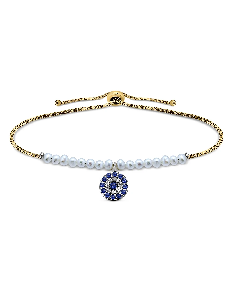Aqua Evil Eye Charm & Freshwater Pearl 18K Yellow Gold Plated Sterling Silver Bolo Bracelet - Exclusive