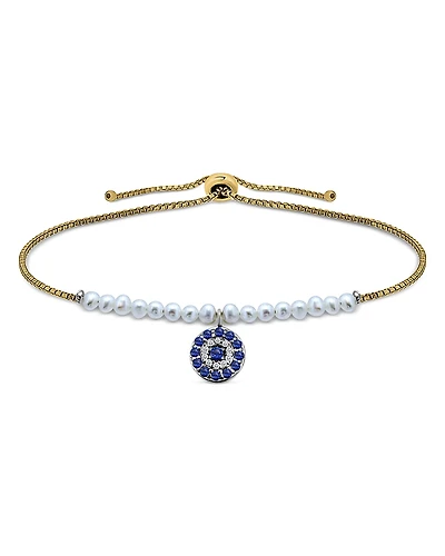 Aqua Evil Eye Charm & Freshwater Pearl 18K Yellow Gold Plated Sterling Silver Bolo Bracelet - Exclusive