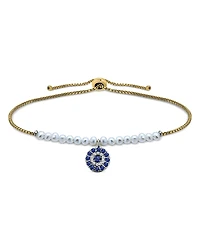 Aqua Evil Eye Charm & Freshwater Pearl 18K Yellow Gold Plated Sterling Silver Bolo Bracelet - Exclusive