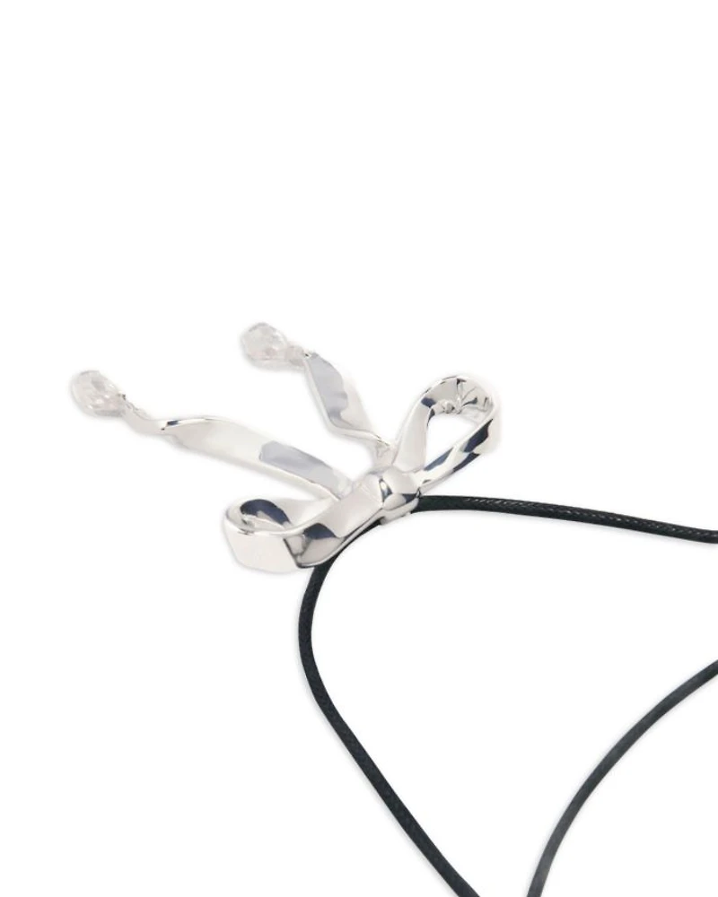 Polished Silver Bow & Crystal Long Cord Pendant Necklace, 44.1"