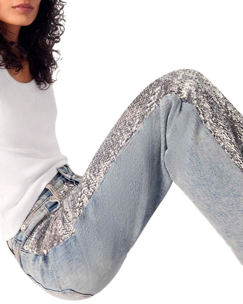 Sequined High Rise Straight Jeans Blue Sky