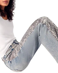 Sequined High Rise Straight Jeans Blue Sky