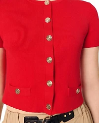 Cropped Gold Tone Buttons Crewneck Cardigan