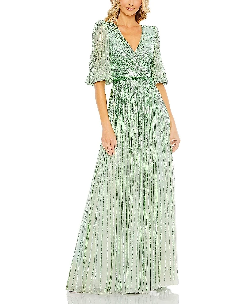 Mac Duggal Sequined Wrap Over 3/4 Sleeve Gown