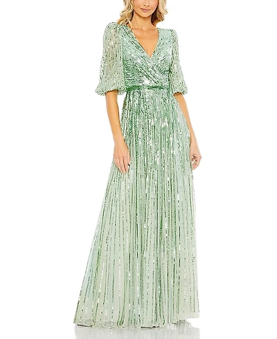 Mac Duggal Sequined Wrap Over 3/4 Sleeve Gown
