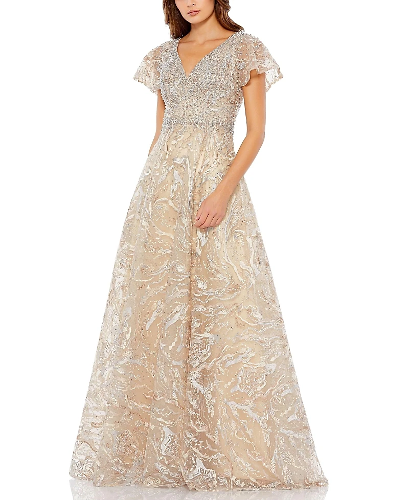 Mac Duggal Embellished Illusion Butterfly Sleeve A-Line Gown
