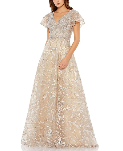 Mac Duggal Embellished Illusion Butterfly Sleeve A-Line Gown