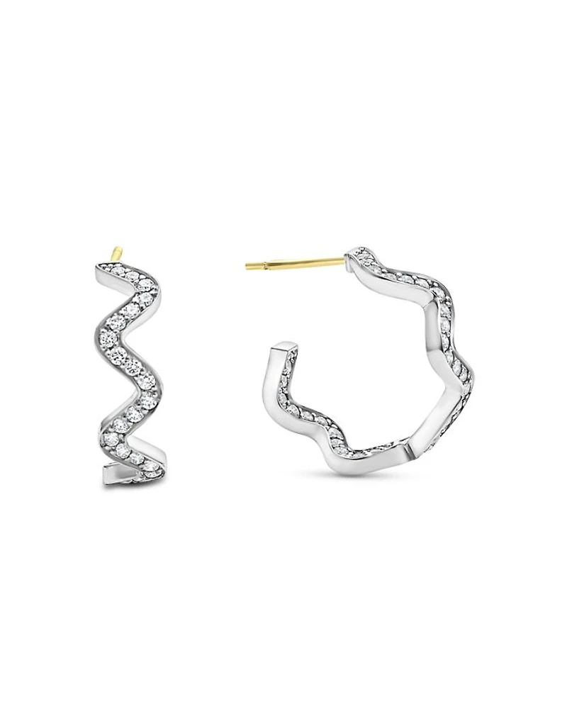 Sterling Silver Caviar Spark Diamond Wavy Huggie Hoop Earrings