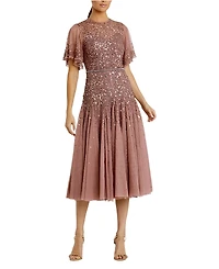 Mac Duggal Cape Sleeve Beaded Tea Length A-line Dress