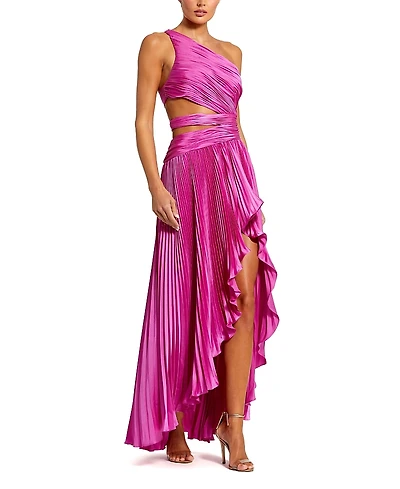 Mac Duggal One Shoulder Pleated Charmeuse Gown with Slit