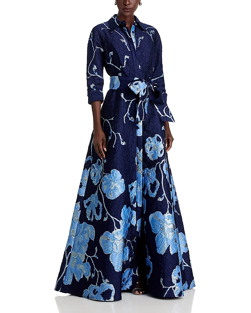 Teri Jon by Rickie Freeman Metallic Jacquard Shirtwaist Gown