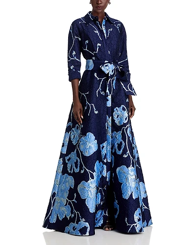 Teri Jon by Rickie Freeman Metallic Jacquard Shirtwaist Gown