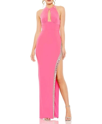 Jersey Halter Neck Beaded Slit Detail Gown