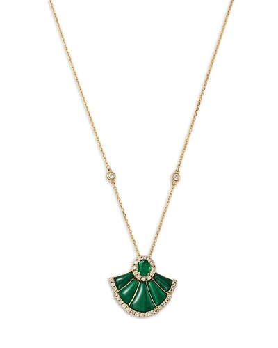 Emerald, Malachite & Diamond Pendant Necklace in 14K Yellow Gold, 18"