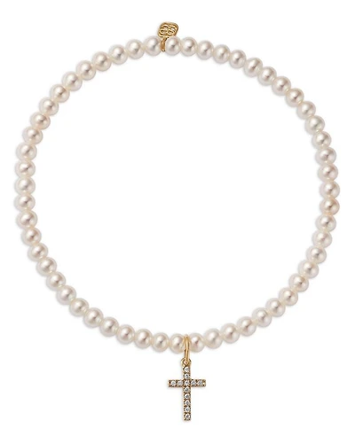 14K Yellow Gold Diamond Small Cross Charm Freshwater Pearl Beaded Bracelet, 0.06 tcw