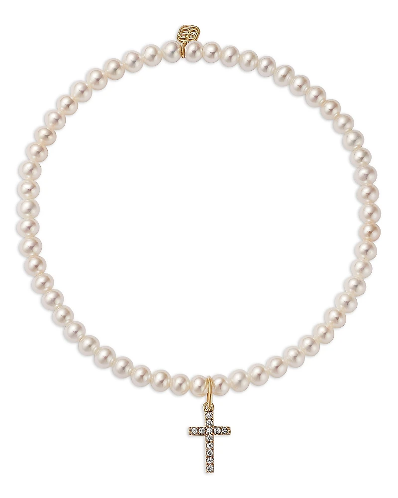 Sydney Evan 14K Yellow Gold Diamond Small Cross Charm Freshwater Pearl Beaded Bracelet, 0.06 tcw
