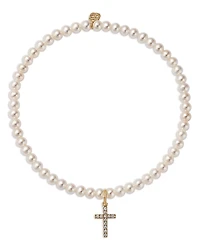 Sydney Evan 14K Yellow Gold Diamond Small Cross Charm Freshwater Pearl Beaded Bracelet, 0.06 tcw