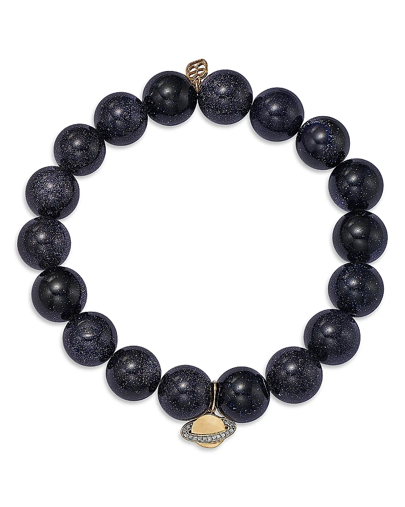 Sydney Evan 14K Yellow Gold Diamond Pave Saturn Charm Blue Goldstone Beaded Stretch Bracelet