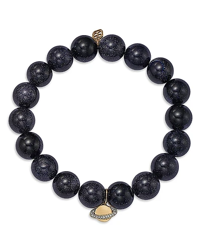 Sydney Evan 14K Yellow Gold Diamond Pave Saturn Charm Blue Goldstone Beaded Stretch Bracelet