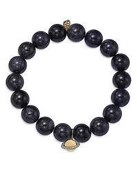 Sydney Evan 14K Yellow Gold Diamond Pave Saturn Charm Blue Goldstone Beaded Stretch Bracelet