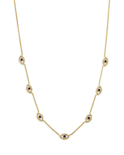 14K Yellow Gold Blue Lapis Lazuli And White Topaz Evil Eye Station Necklace, 18"-19"