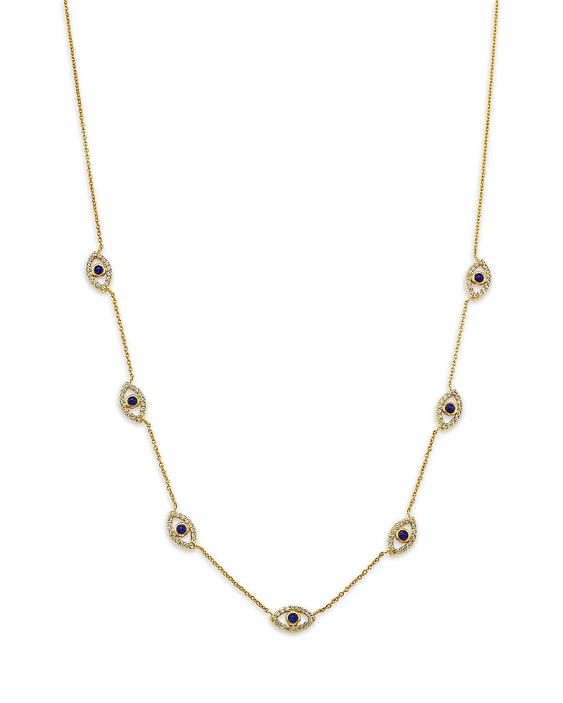 Moon & Meadow 14K Yellow Gold Blue Lapis Lazuli And White Topaz Evil Eye Station Necklace, 18-19