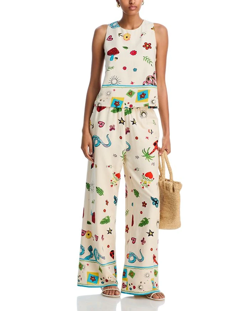 Border Print Mixed Wide Leg Pants - Exclusive