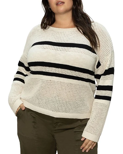 Plus Sporty Stripe Open Knit Sweater