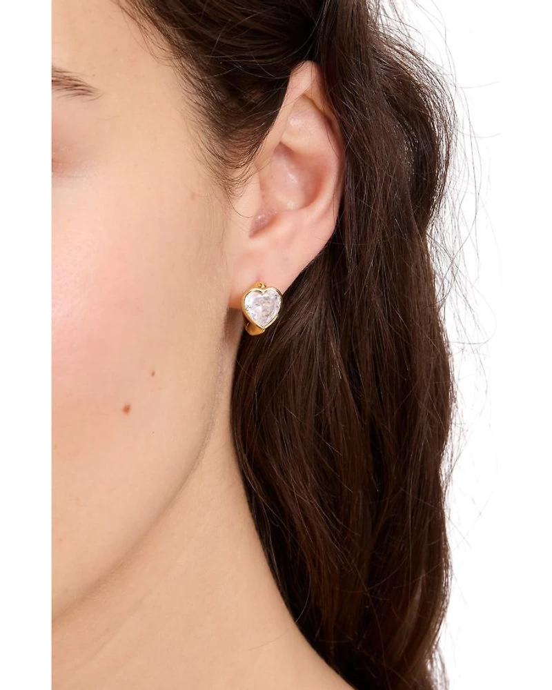 Keep Sparkling Stone Heart Huggie Hoop Earrings Gold Tone