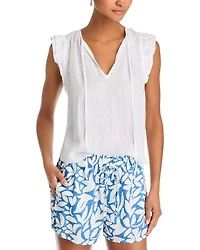 Linen Tie Neck Ruffle Sleeve Top