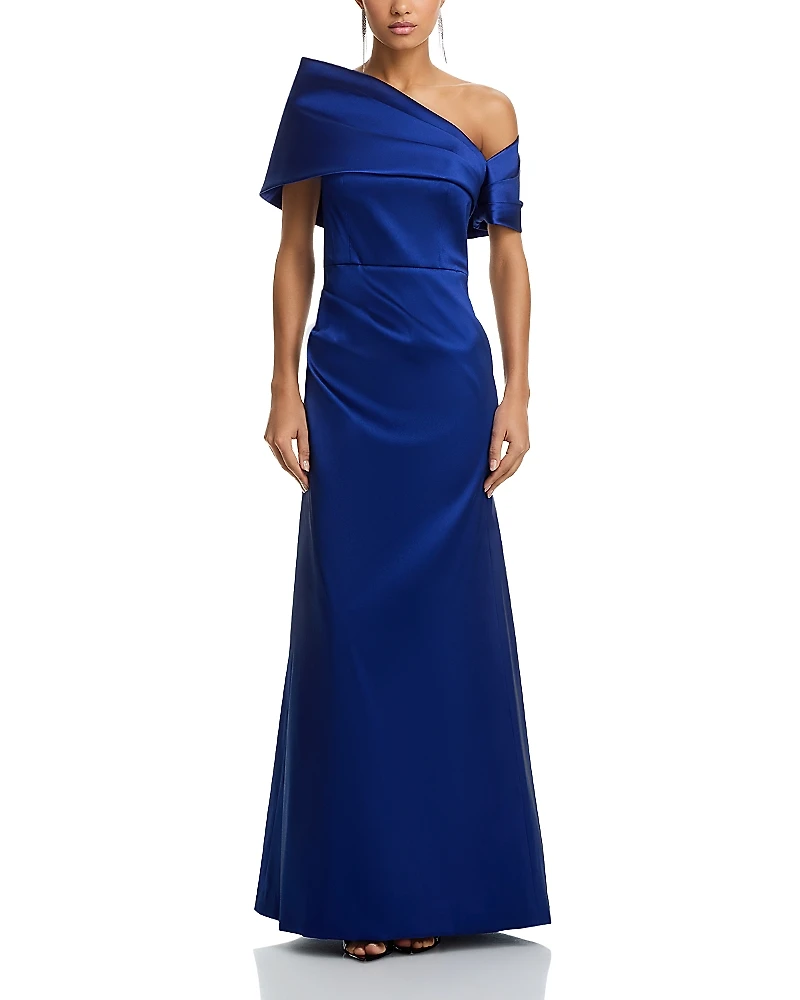 Teri Jon by Rickie Freeman Stretch Mikado Asymmetric Off Shoulder Cuff Gown