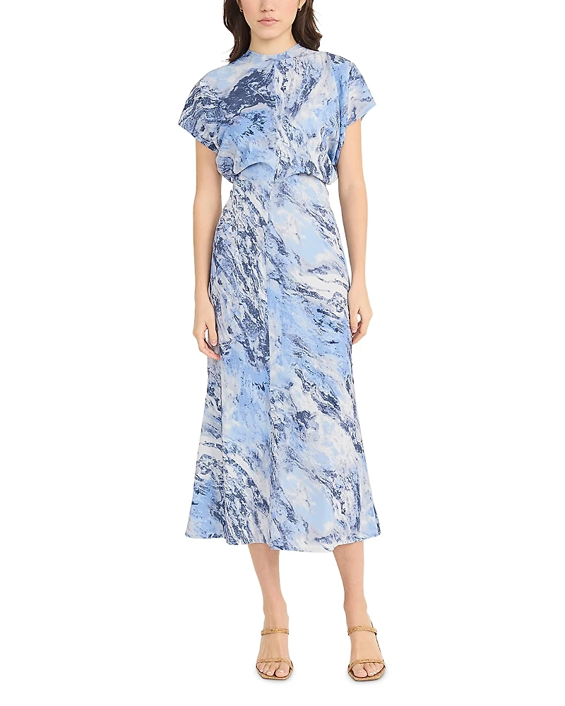 Luxely Printed Short Sleeve Gathered Midi Dress