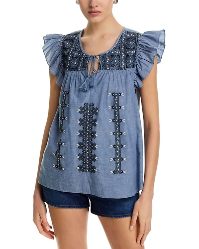 Chambray Embroidered Ruffle Top