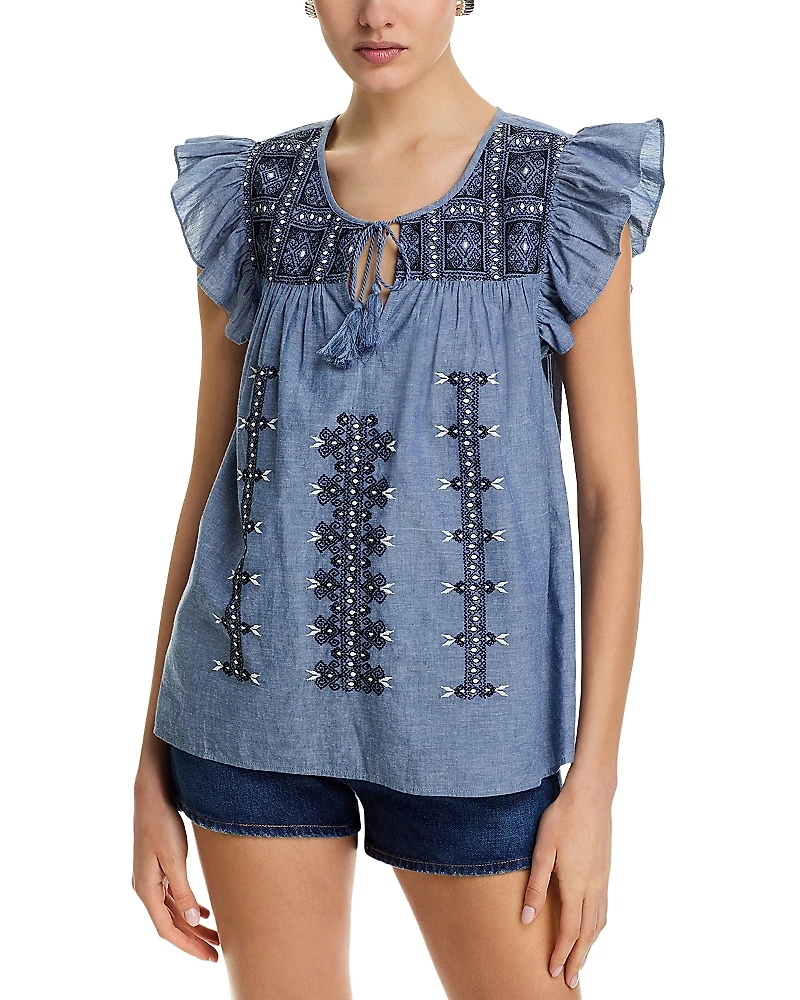 Area Stars Chambray Embroidered Ruffle Top