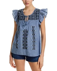 Area Stars Chambray Embroidered Ruffle Top
