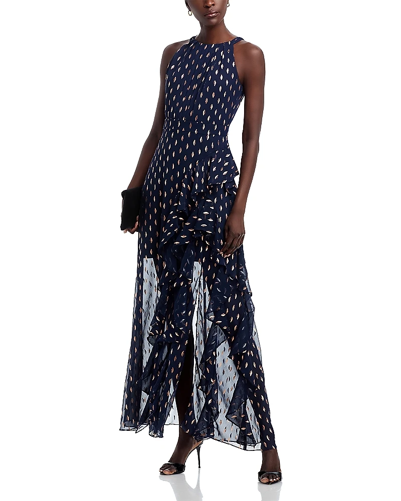 Aqua Metallic Crescent Chiffon Ruffle Gown - Exclusive