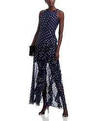 Aqua Metallic Crescent Chiffon Ruffle Gown - Exclusive