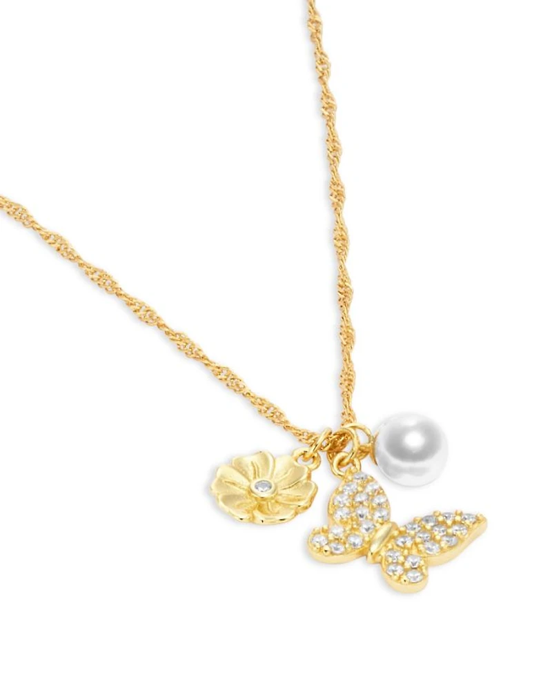 Butterfly Flower Charm Pendant Necklace, 16-18"