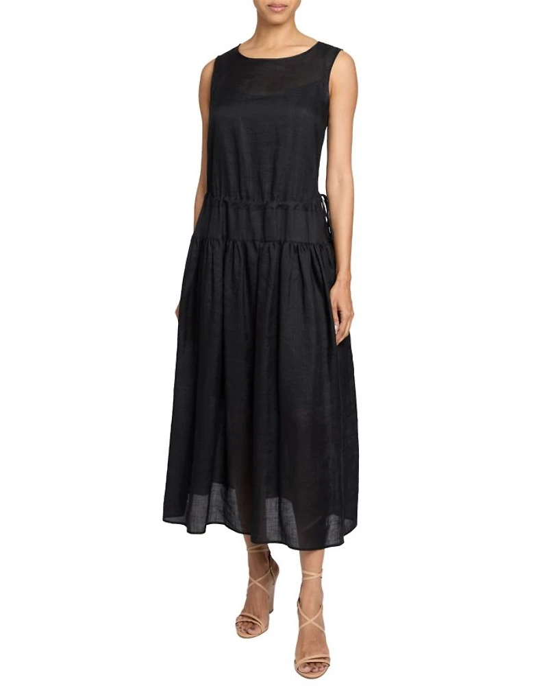 MISTY Sleeveless Midi Dress with Full Skirt and Detachable Slip, Side Pockets Lightweight Ramie