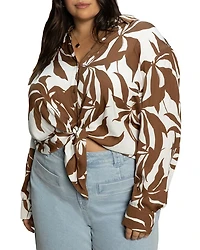 Plus Lover Tie Long Sleeved Printed Blouse