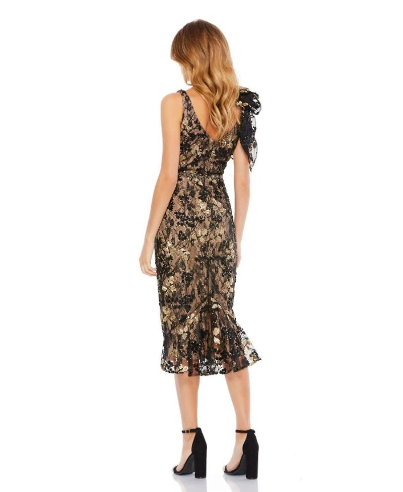 Floral Embellished V-Neck Midi Dress with Shoulder Bow