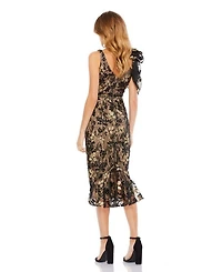Floral Embellished V-Neck Midi Dress with Shoulder Bow