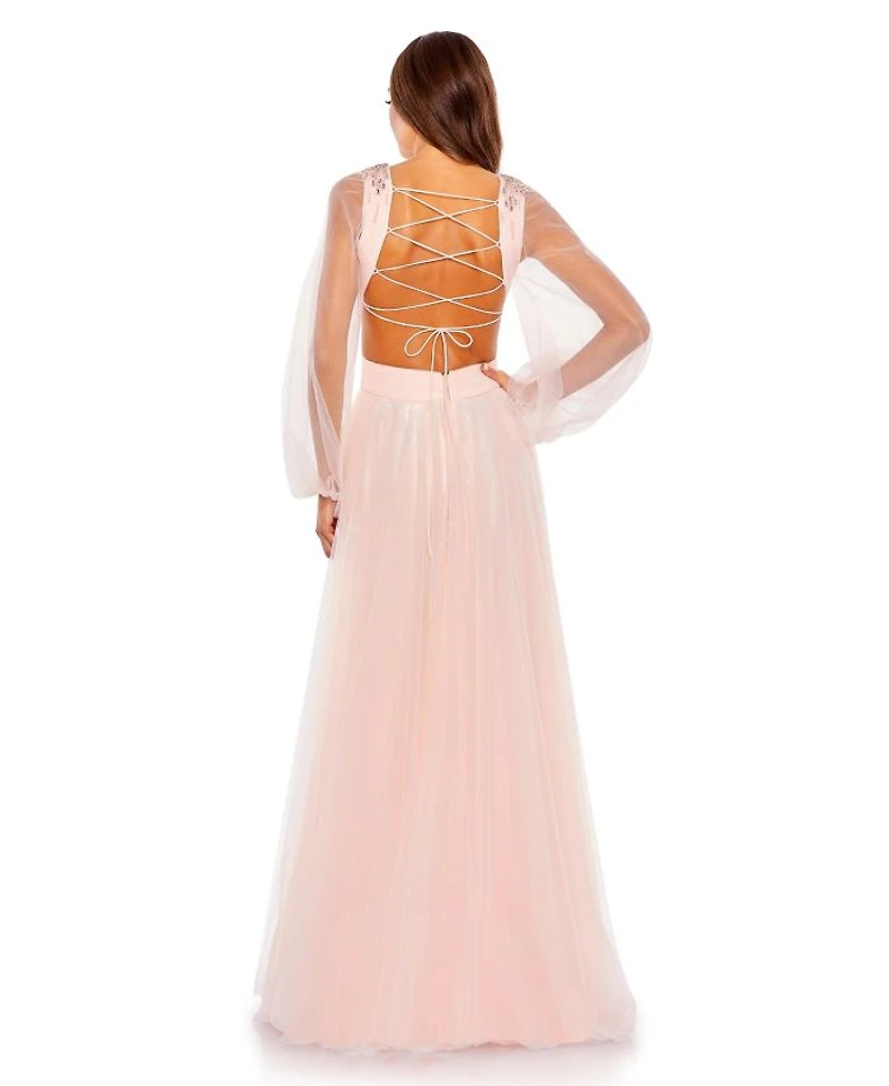 Tulle Sheer Long Sleeve Cut Out Lace Up A Line Gown